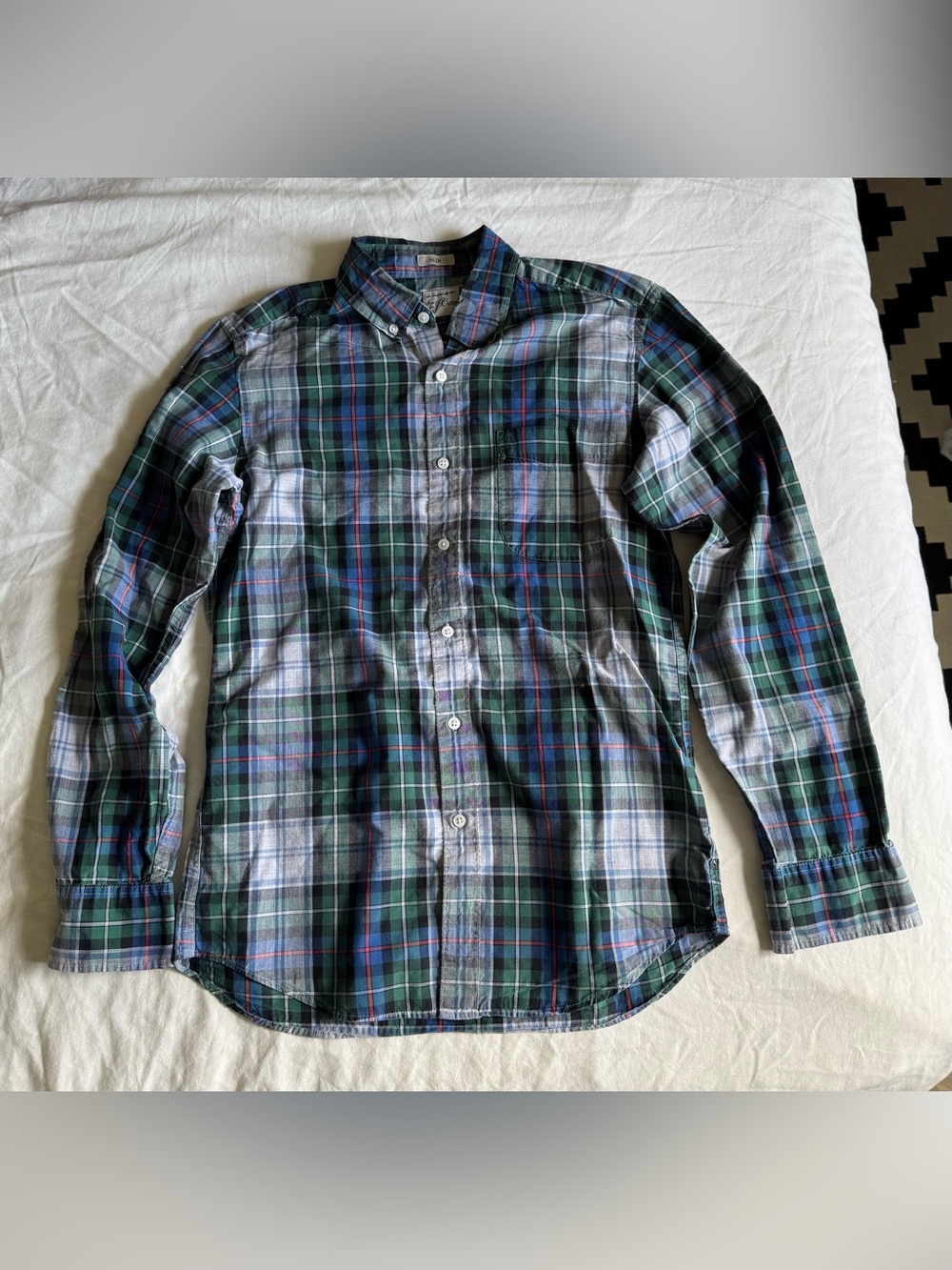 J Crew 100% Cotton Plaid Blue Green Slim Long Sleeve Button Down Small